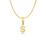 14K Yellow Gold $ Sign Charm for Mix&Match Pendant 21mmX6mm With 16 Inch To 22 Inch 0.9MM Width Angle Cut Round Rolo Chain Necklace