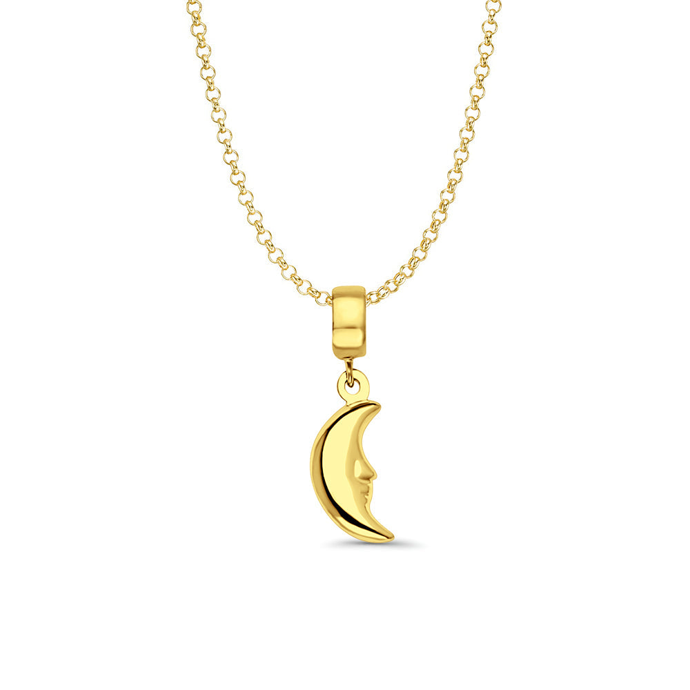 14K Yellow Gold Moon Charm for Mix&Match Pendant 22mmX5mm With 16 Inch To 22 Inch 1.2MM Width Classic Rolo Cable Chain Necklace