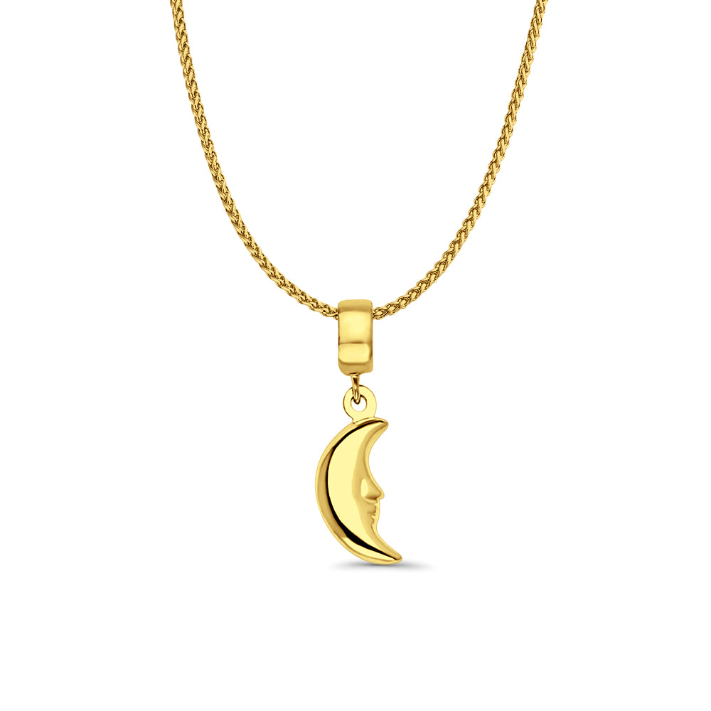 14K Yellow Gold Moon Charm for Mix&Match Pendant 22mmX5mm With 16 Inch To 22 Inch 1.0MM Width D.C. Round Wheat Chain Necklace