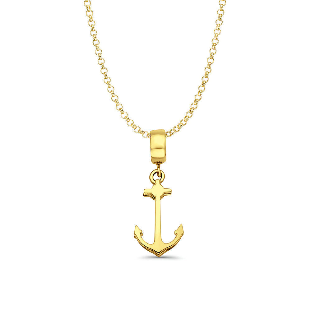 14K Yellow Gold Anchor Charm for Mix&Match Pendant 24mmX9mm With 16 Inch To 22 Inch 1.2MM Width Classic Rolo Cable Chain Necklace