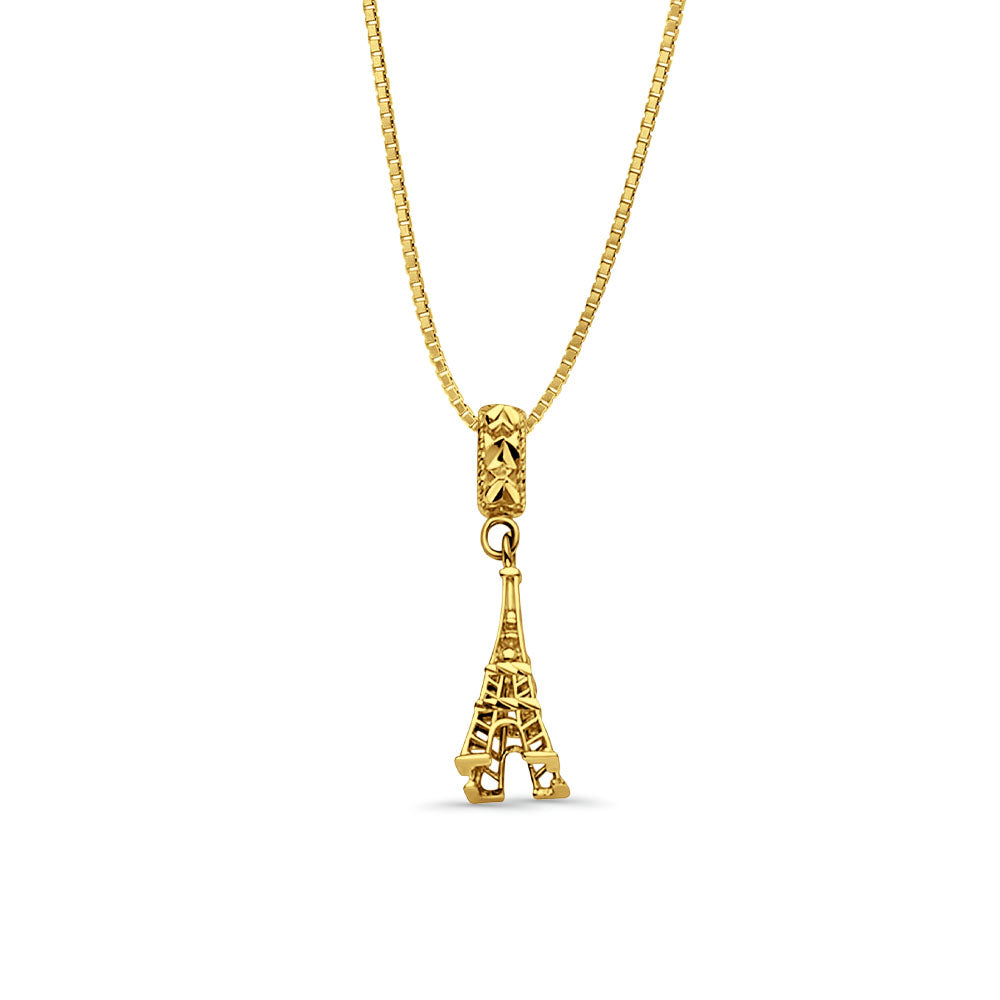 14K Yellow Gold Effiel Charm for Mix&Match Pendant 24mmX6mm With 16 Inch To 24 Inch 0.6MM Width Box Chain Necklace