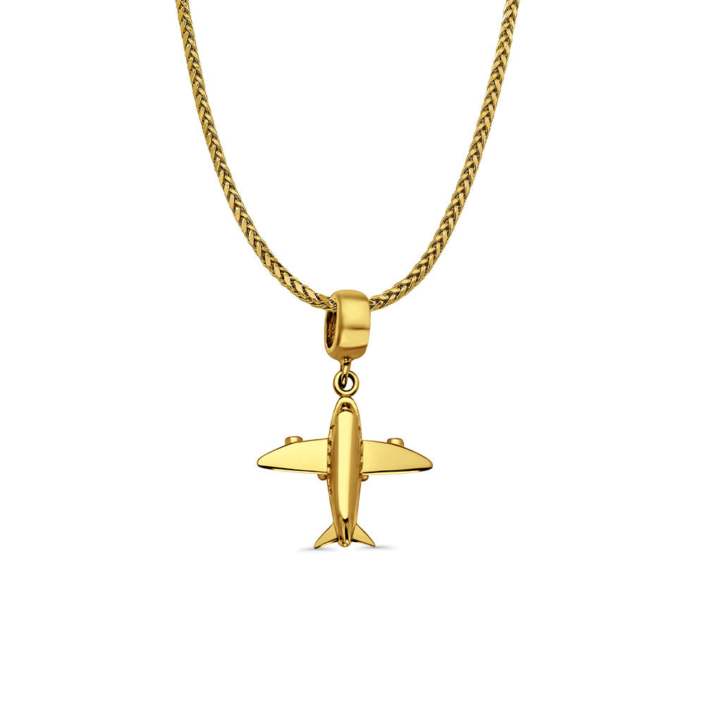 14K Yellow Gold Air Plane Charm for Mix&Match Pendant 22mmX16mm With 16 Inch To 18 Inch 1.1MM Width Wheat Chain Necklace