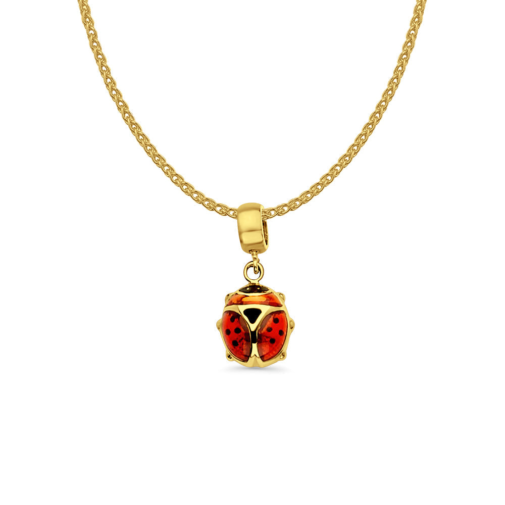 14K Yellow Gold Lady Bug Charm for Mix&Match Pendant 20mmX9mm With 16 Inch To 22 Inch 1.2MM Width Flat Open Wheat Chain Necklace