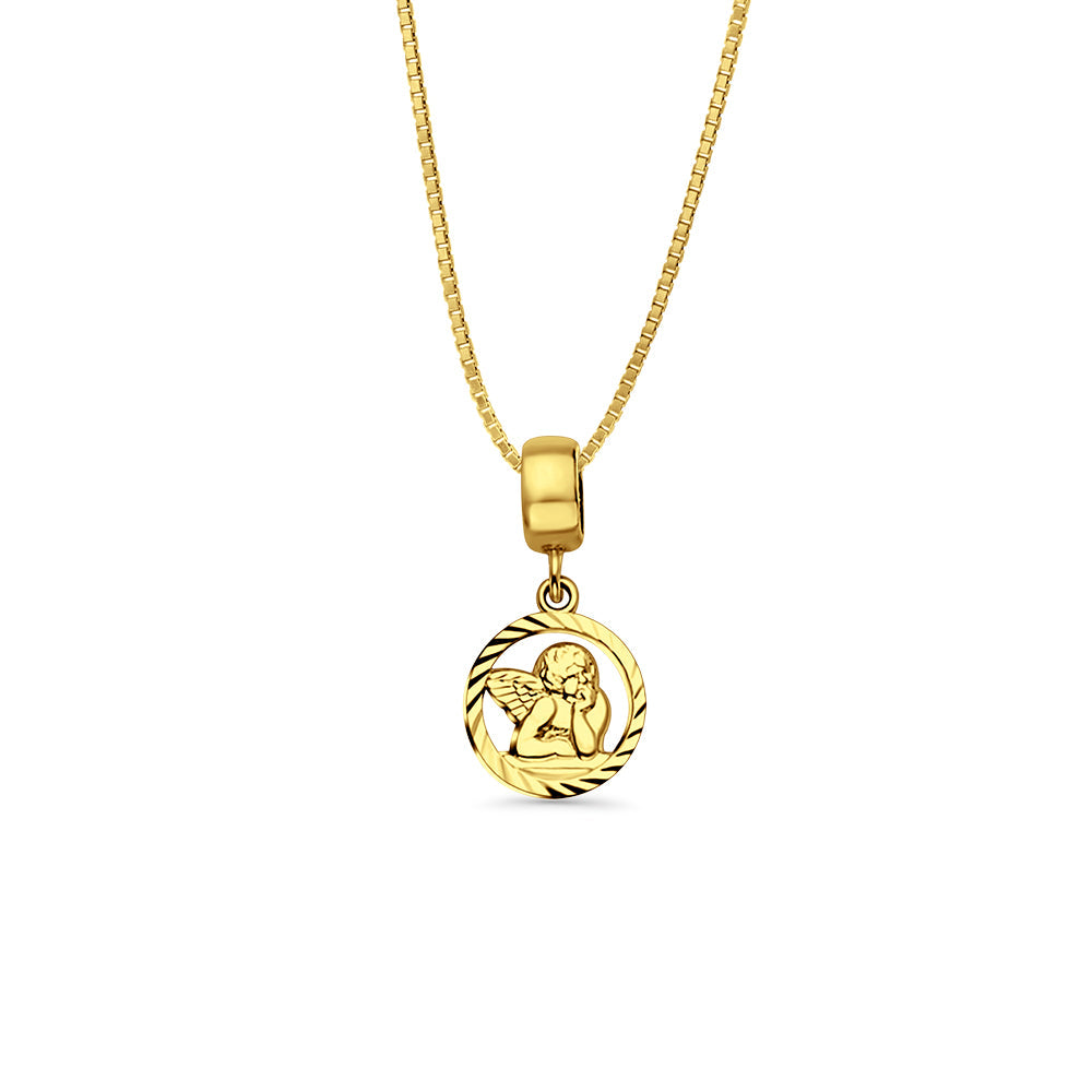 14K Yellow Gold Angel Charm for Mix&Match Pendant 19mmX10mm With 16 Inch To 24 Inch 0.6MM Width Box Chain Necklace