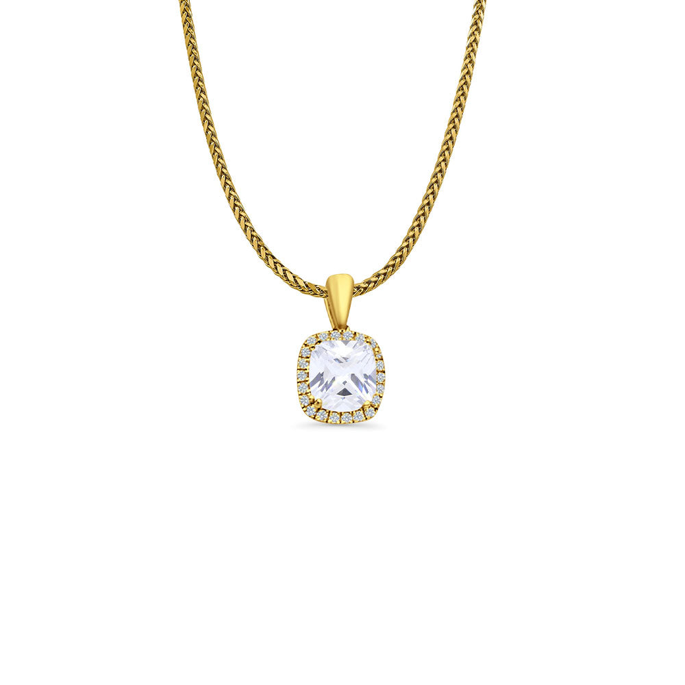 14K Yellow Gold Cushion Cut Cubic Zirconia Pendant 13mmX8mm With 16 Inch To 24 Inch 0.9MM Width Wheat Chain Necklace