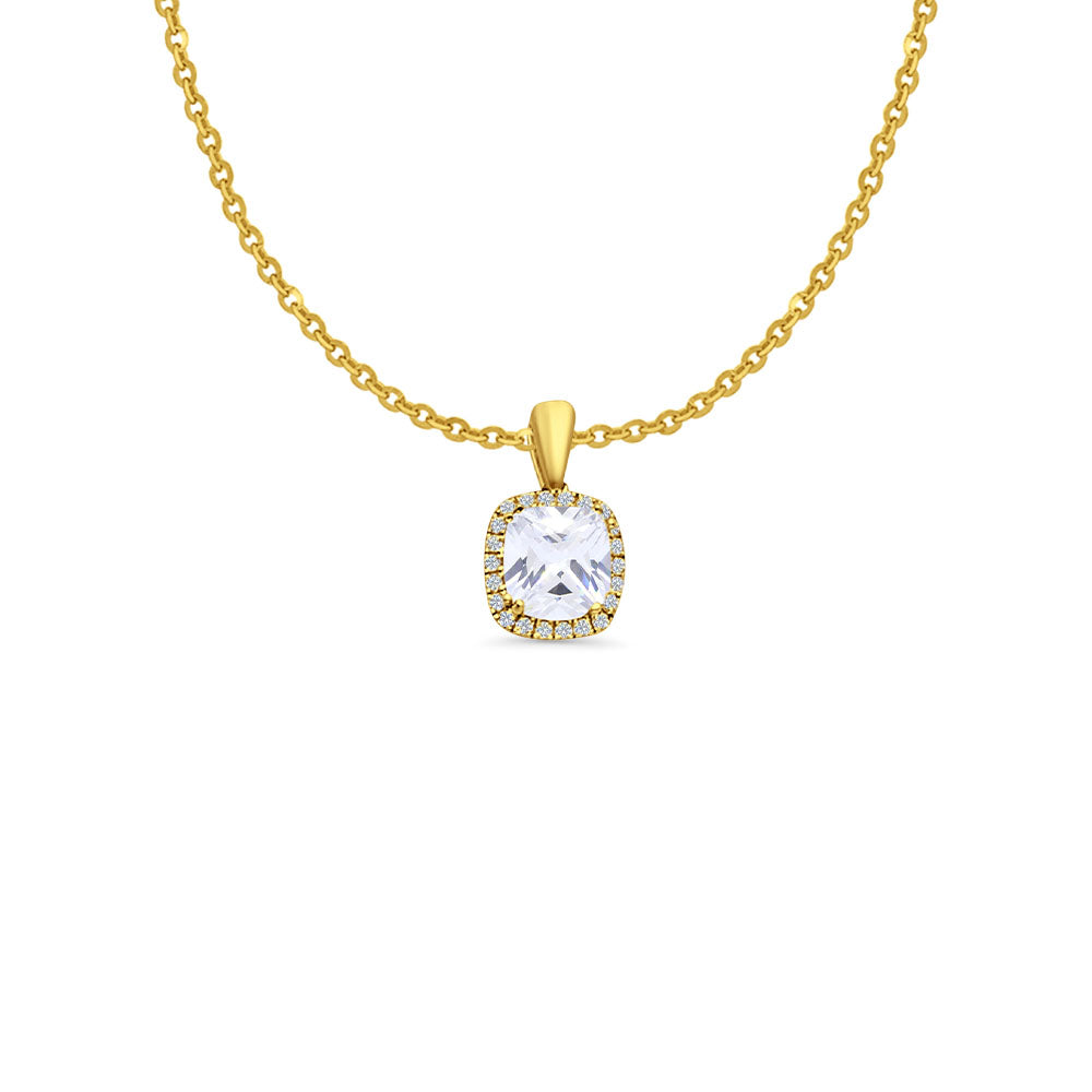 14K Yellow Gold Cushion Cut Cubic Zirconia Pendant 13mmX8mm With 16 Inch To 22 Inch 1.2MM Width Side DC Rolo Cable Chain Necklace