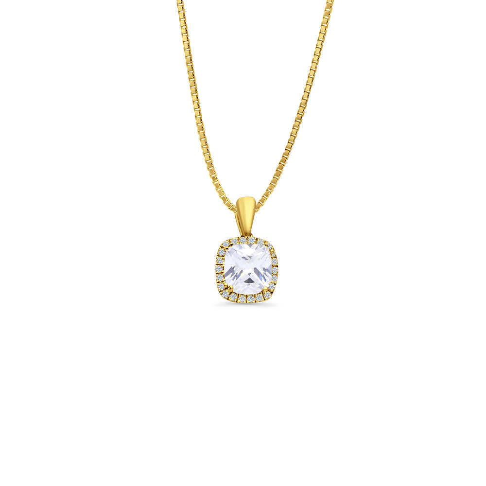 14K Yellow Gold Cushion Cut Cubic Zirconia Pendant 13mmX8mm With 16 Inch To 24 Inch 0.6MM Width Box Chain Necklace