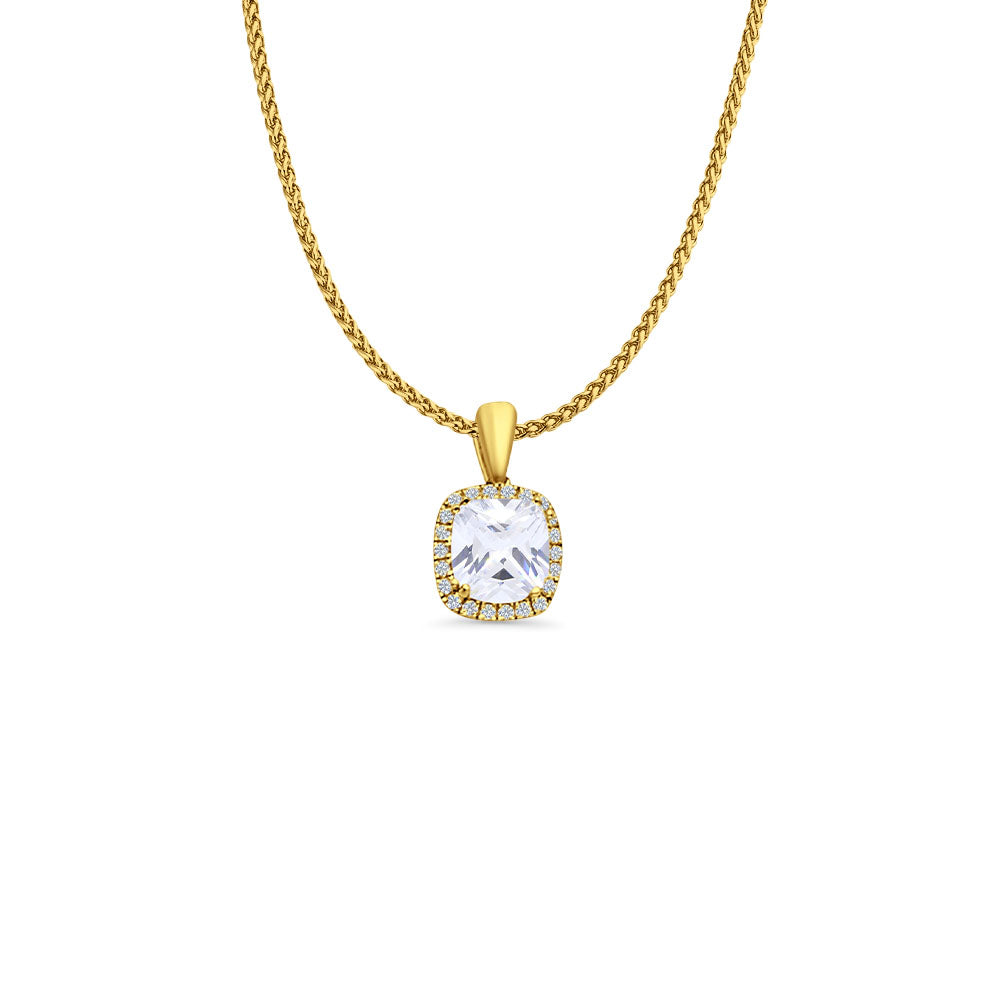 14K Yellow Gold Cushion Cut Cubic Zirconia Pendant 13mmX8mm With 16 Inch To 24 Inch 1.0MM Width D.C. Round Wheat Chain Necklace