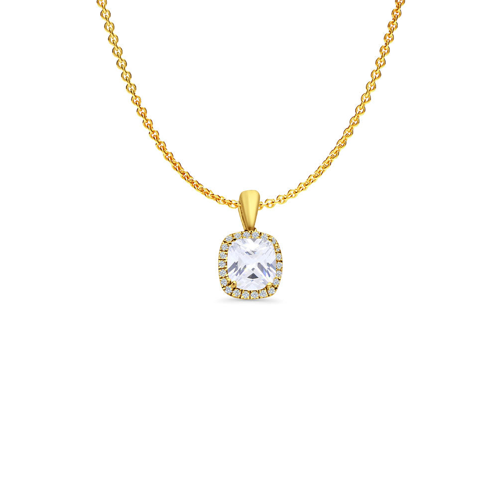 14K Yellow Gold Cushion Cut Cubic Zirconia Pendant 13mmX8mm With 16 Inch To 22 Inch 1.2MM Width Angle Cut Round Rolo Chain Necklace