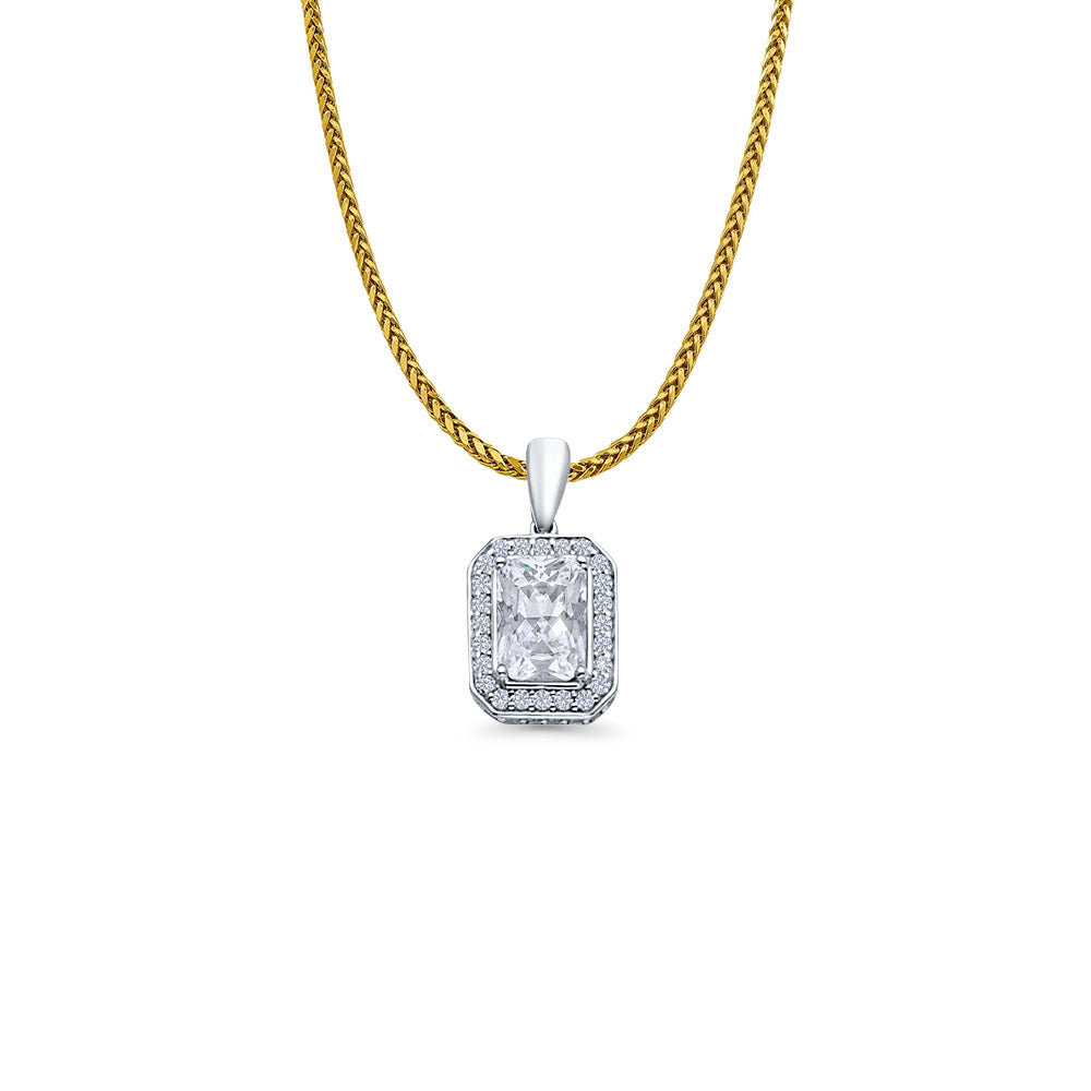 14K White Gold Emerald Cut Cubic Zirconia Pendant 16mmX8mm With 16 Inch To 24 Inch 0.9MM Width Wheat Chain Necklace
