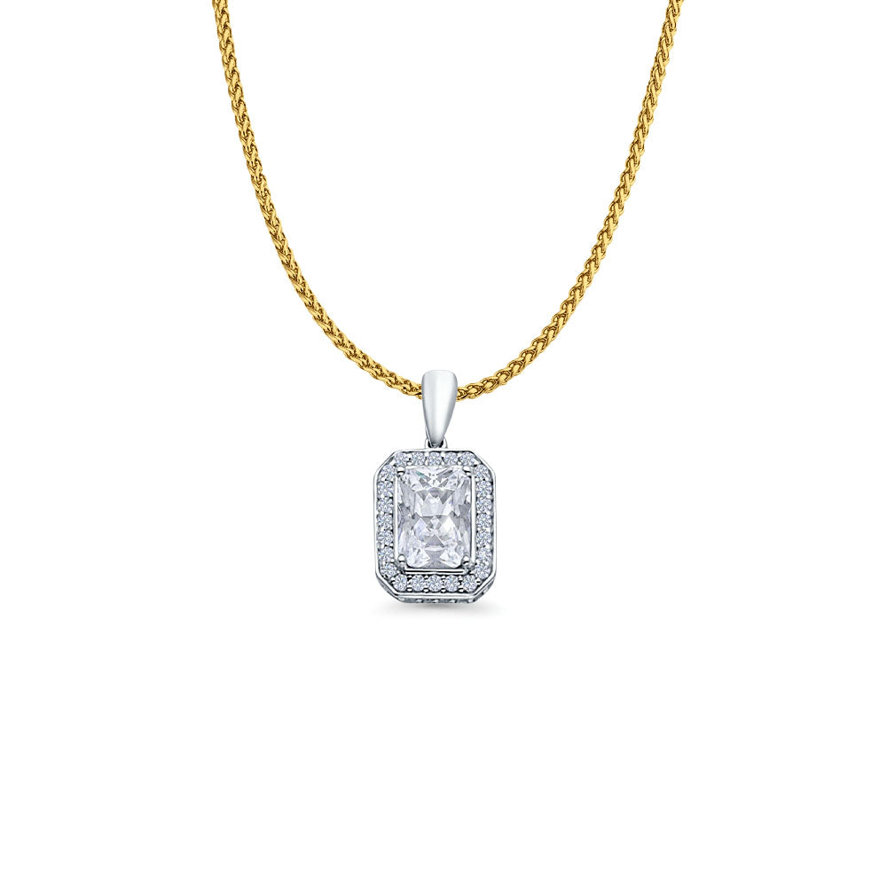 14K White Gold Emerald Cut Cubic Zirconia Pendant 16mmX8mm With 16 Inch To 24 Inch 1.0MM Width D.C. Round Wheat Chain Necklace