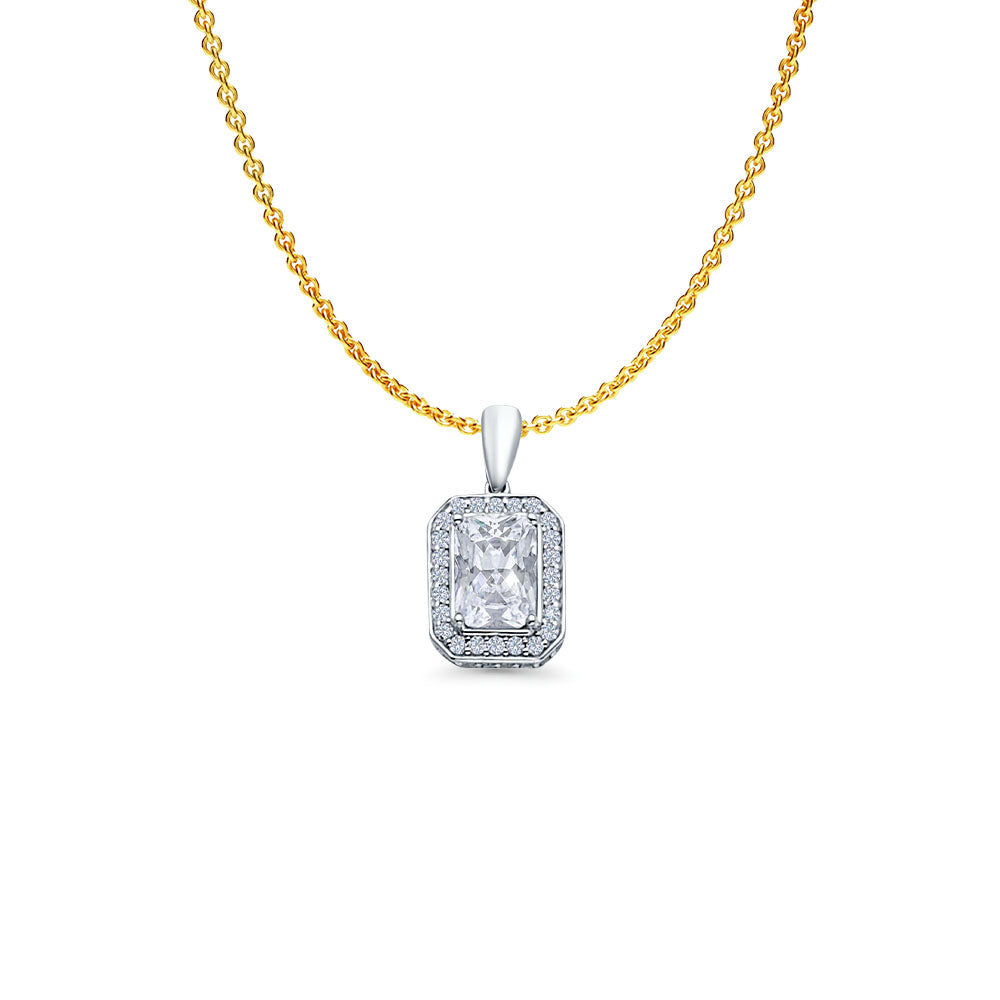 14K White Gold Emerald Cut Cubic Zirconia Pendant 16mmX8mm With 16 Inch To 22 Inch 1.2MM Width Angle Cut Round Rolo Chain Necklace