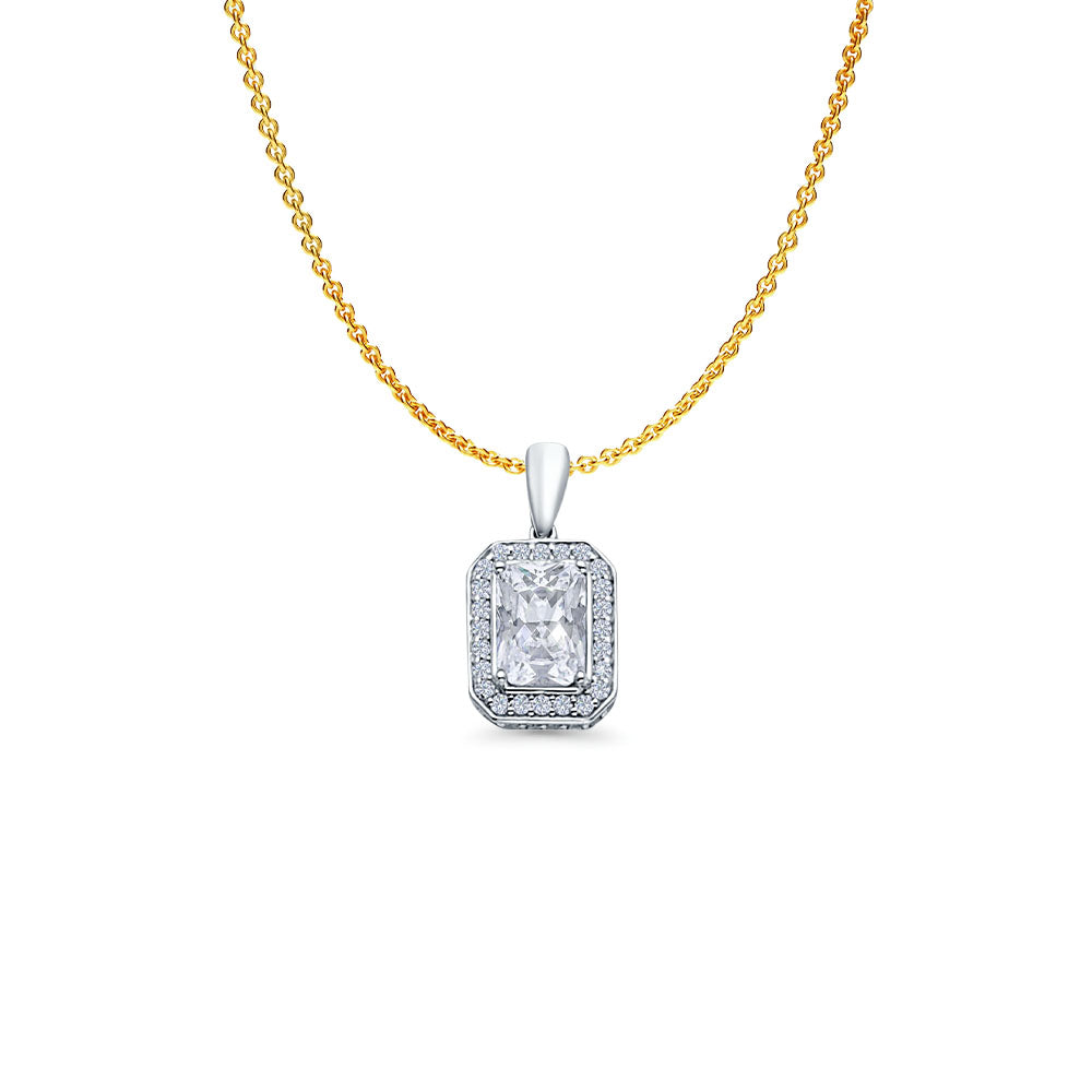 14K White Gold Emerald Cut Cubic Zirconia Pendant 16mmX8mm With 16 Inch To 22 Inch 0.9MM Width Angle Cut Round Rolo Chain Necklace