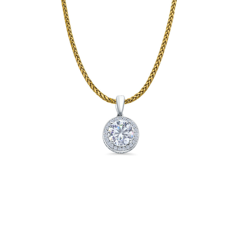 14K White Gold Round CZ Pendant 15mmX9mm With 16 Inch To 24 Inch 1.1MM Width Wheat Chain Necklace