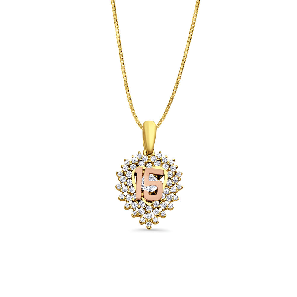 14K Two Tone Gold CZ 15Years Pendant 22mmX13mm With 16 Inch To 22 Inch 0.5MM Width Box Chain Necklace
