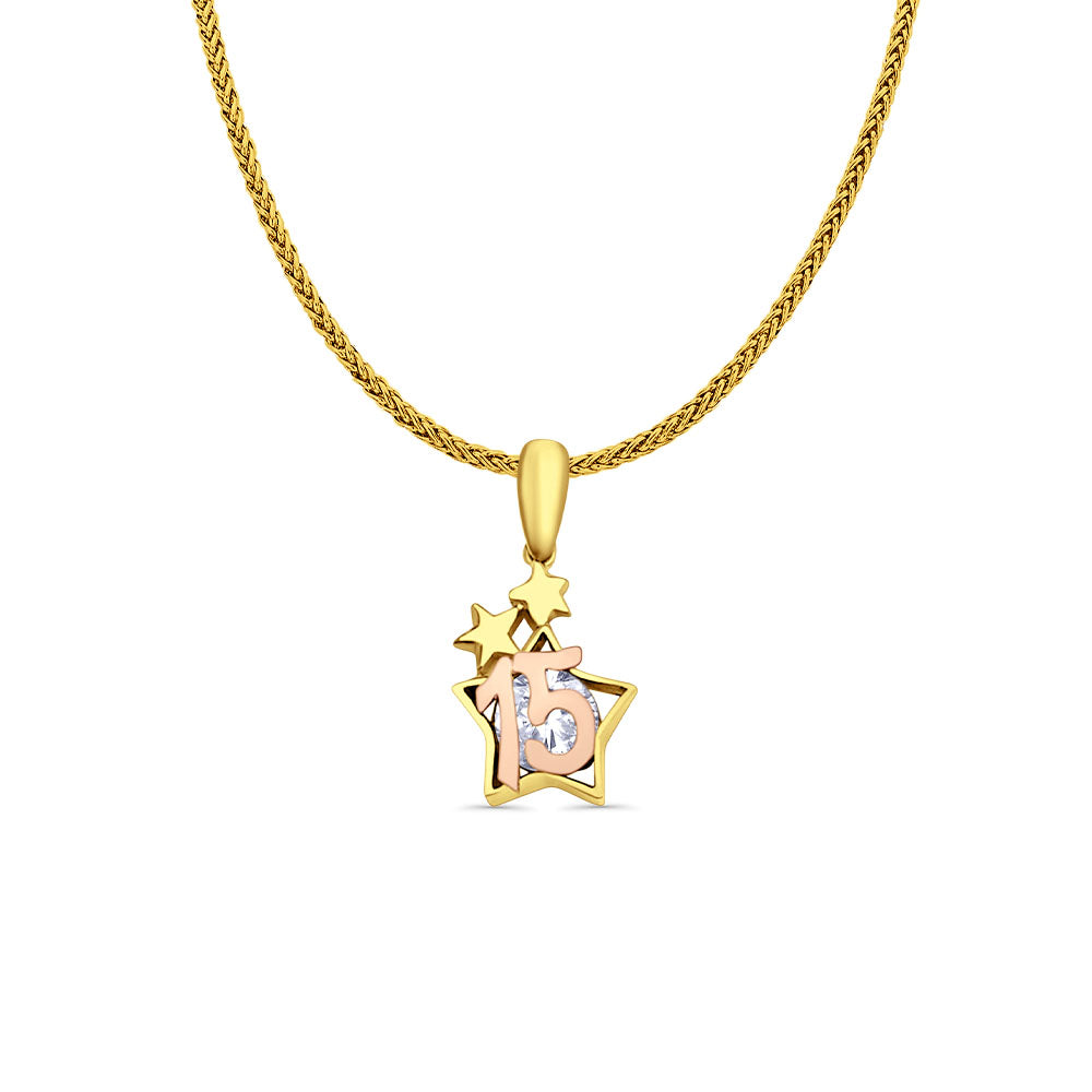 14K Two Tone Gold Star CZ 15Years Pendant 20mmX10mm With 16 Inch To 24 Inch 0.8MM Width Square Wheat Chain Necklace
