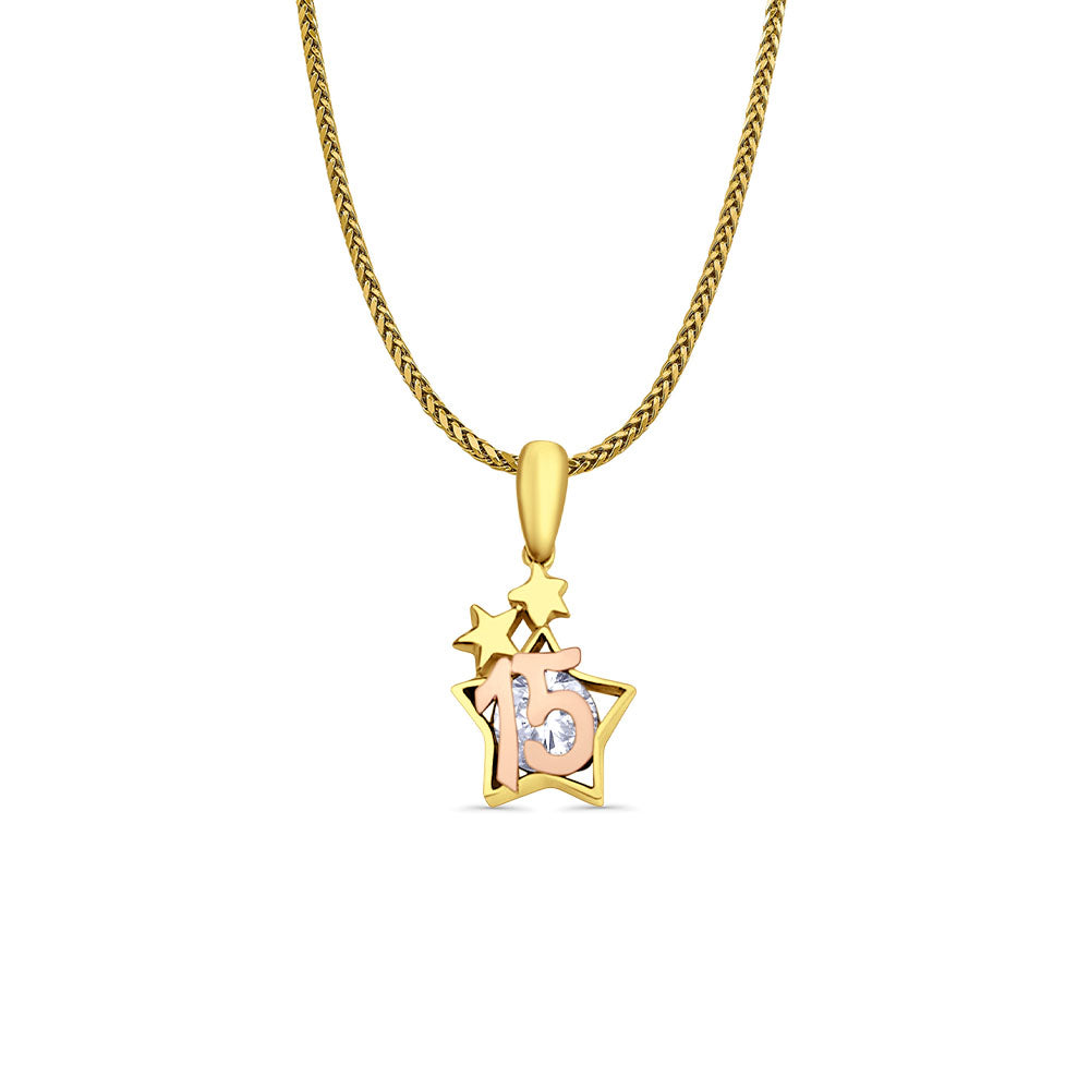 14K Two Tone Gold Star CZ 15Years Pendant 20mmX10mm With 16 Inch To 24 Inch 0.9MM Width Wheat Chain Necklace