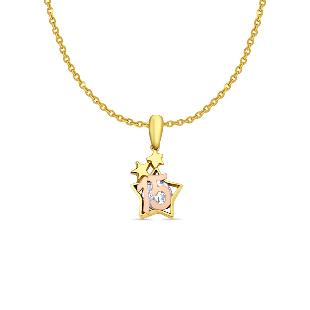 14K Two Tone Gold Star CZ 15Years Pendant 20mmX10mm With 16 Inch To 22 Inch 1.2MM Width Side DC Rolo Cable Chain Necklace