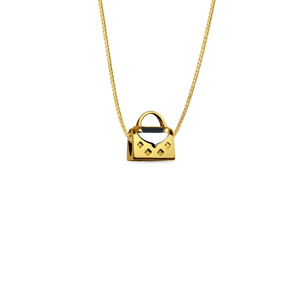14K Yellow Gold Hand bag Slider for Mix&Match Pendant 10mmX10mm With 16 Inch To 22 Inch 0.5MM Width Box Chain Necklace