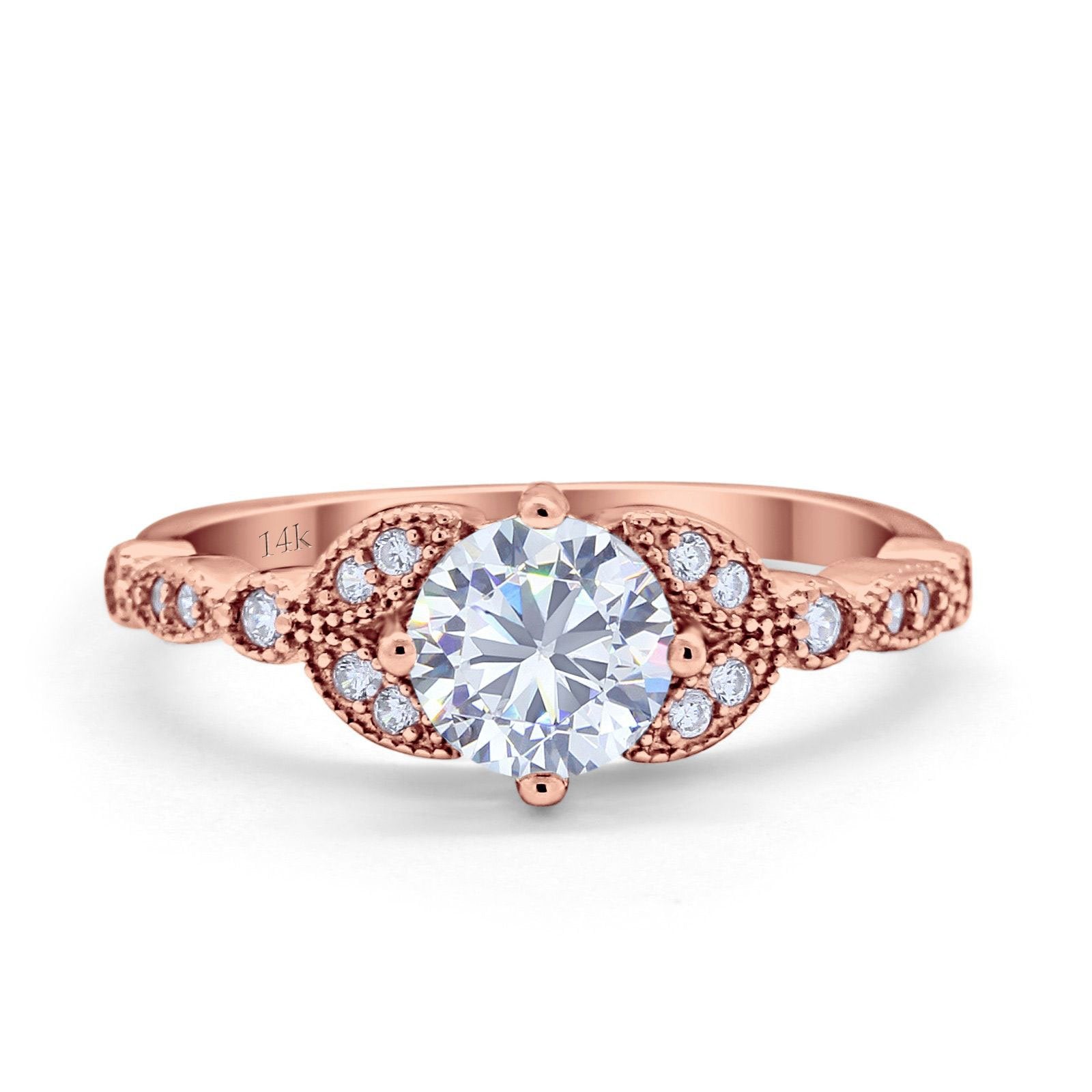 14K Gold Art Deco Round Shape Simulated Cubic Zirconia Wedding Bridal Ring
