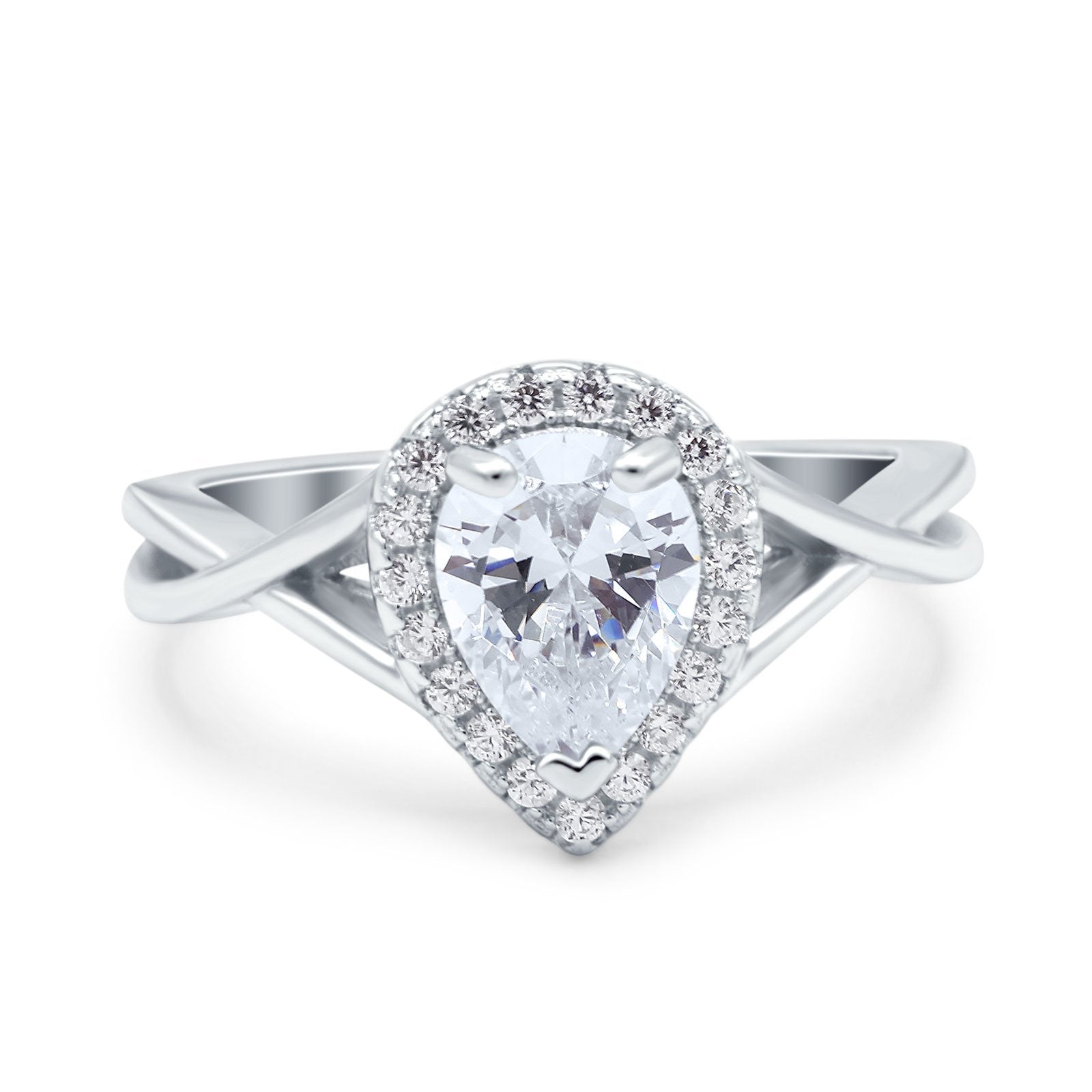 14K Gold Teardrop Pear Halo Twist Infinity Shank Simulated Cubic Zirconia Engagement Wedding Bridal Ring