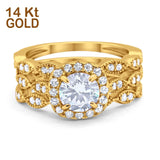 14K Gold Halo Art Deco Three Piece Round Shape Engagement Bridal Set Ring Band Simulated CZ