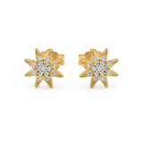 14K Gold Round Simulated Cubic Zirconia Trendy Starburst Stud Earrings