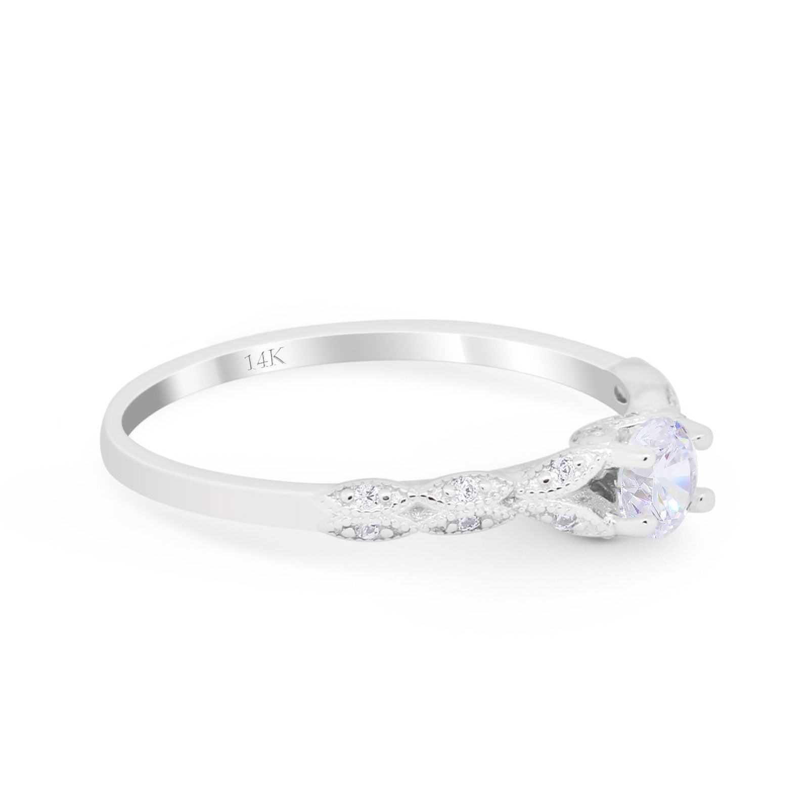 14K Gold Petite Dainty Art Deco Round Shape Simulated Cubic Zirconia Wedding Engagement Ring