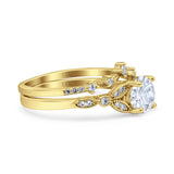 14K Gold Two Piece Vintage Style Bridal Set Round Simulated Cubic Zirconia Wedding Ring