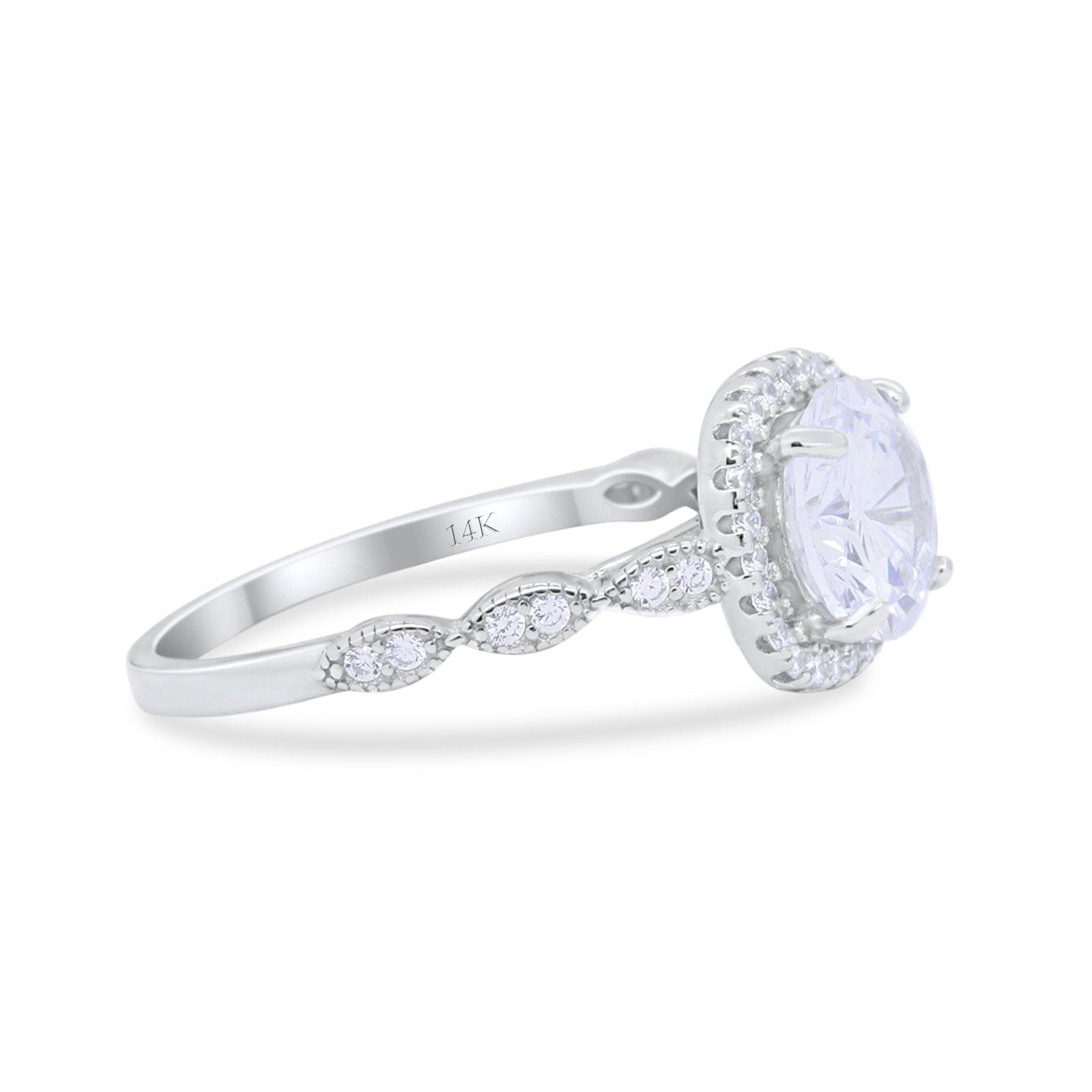 14K Gold Round Shape Art Deco Bridal Simulated Cubic Zirconia Wedding Engagement Ring