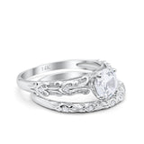 14K Gold Art Deco Round Shape Two Piece Bridal Set Ring Engagement Band Simulated CZ