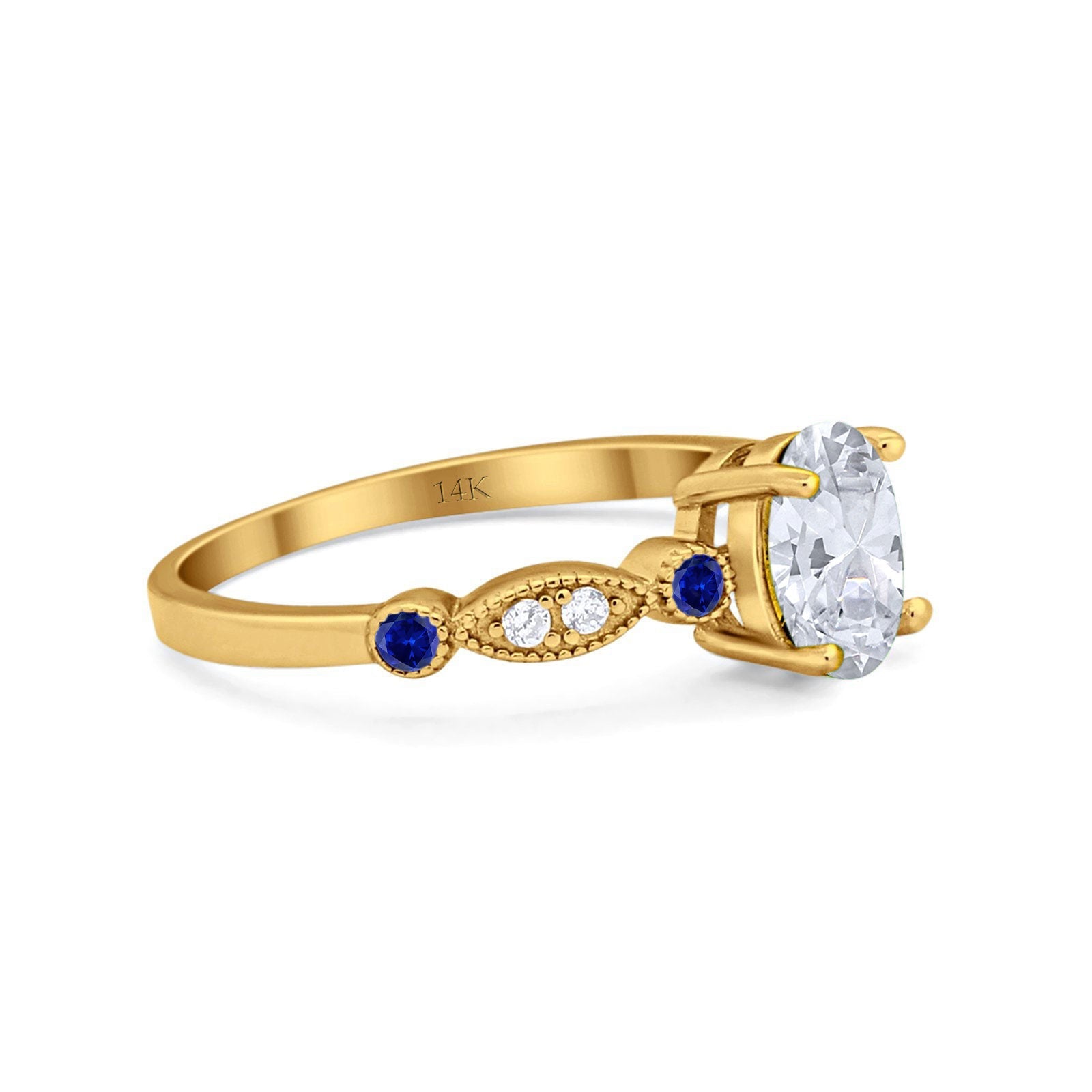 14K Gold Vintage Style Oval Shape Bridal Blue Sapphire Simulated Cubic Zirconia Wedding Engagement Ring