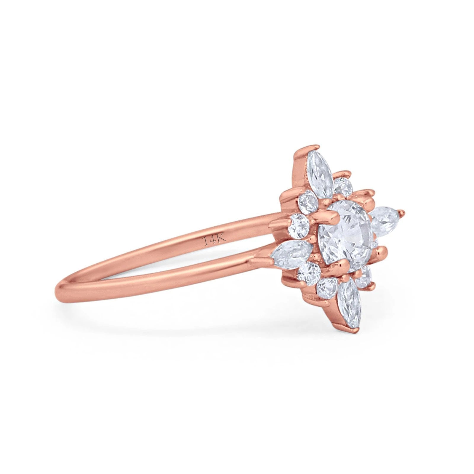 14K Gold Cluster Round Shape Bridal Simulated Cubic Zirconia Wedding Engagement Ring