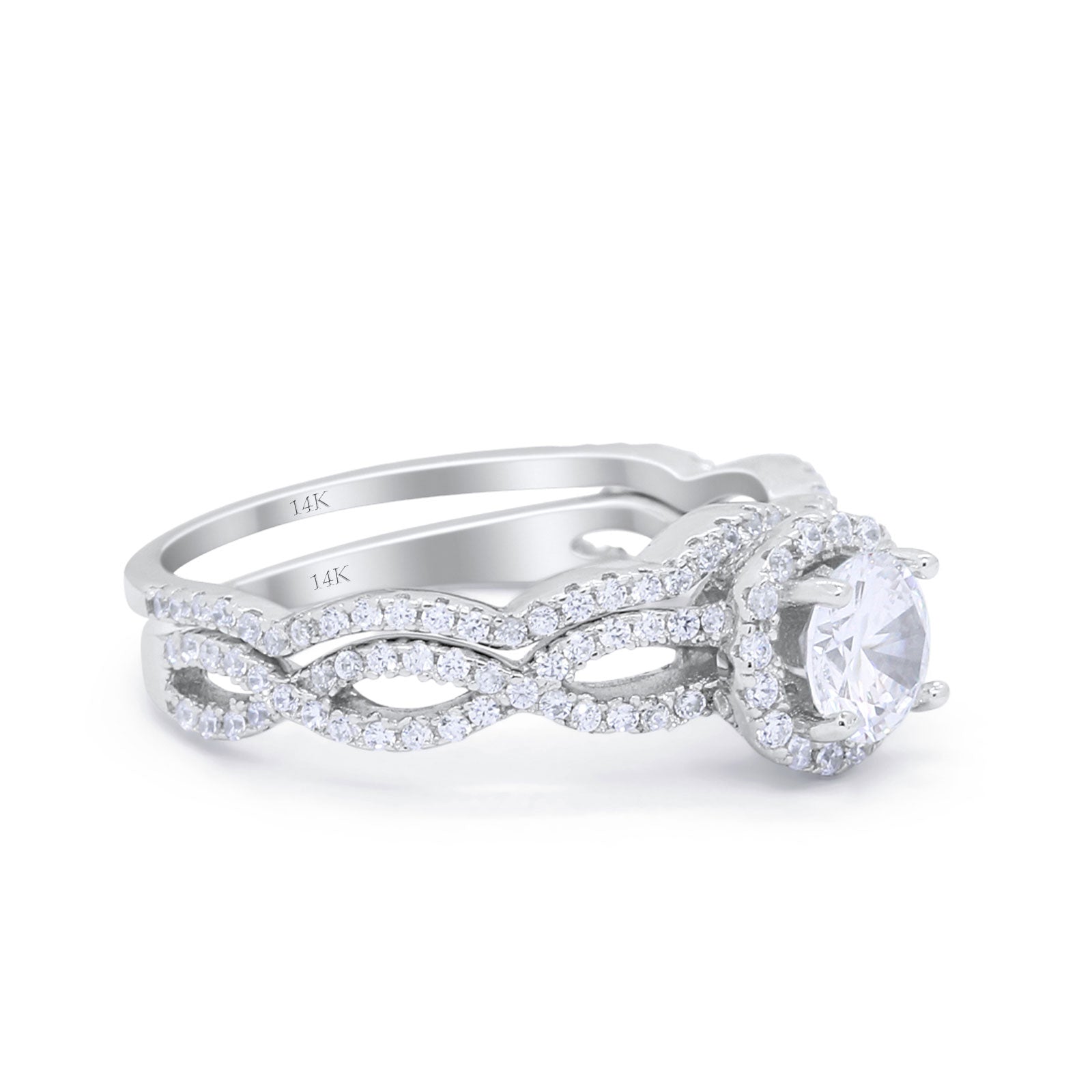 14K Gold Two Piece Infinity Shank Round Shape Bridal Set Wedding Engagement Band Simulated CZ Ring