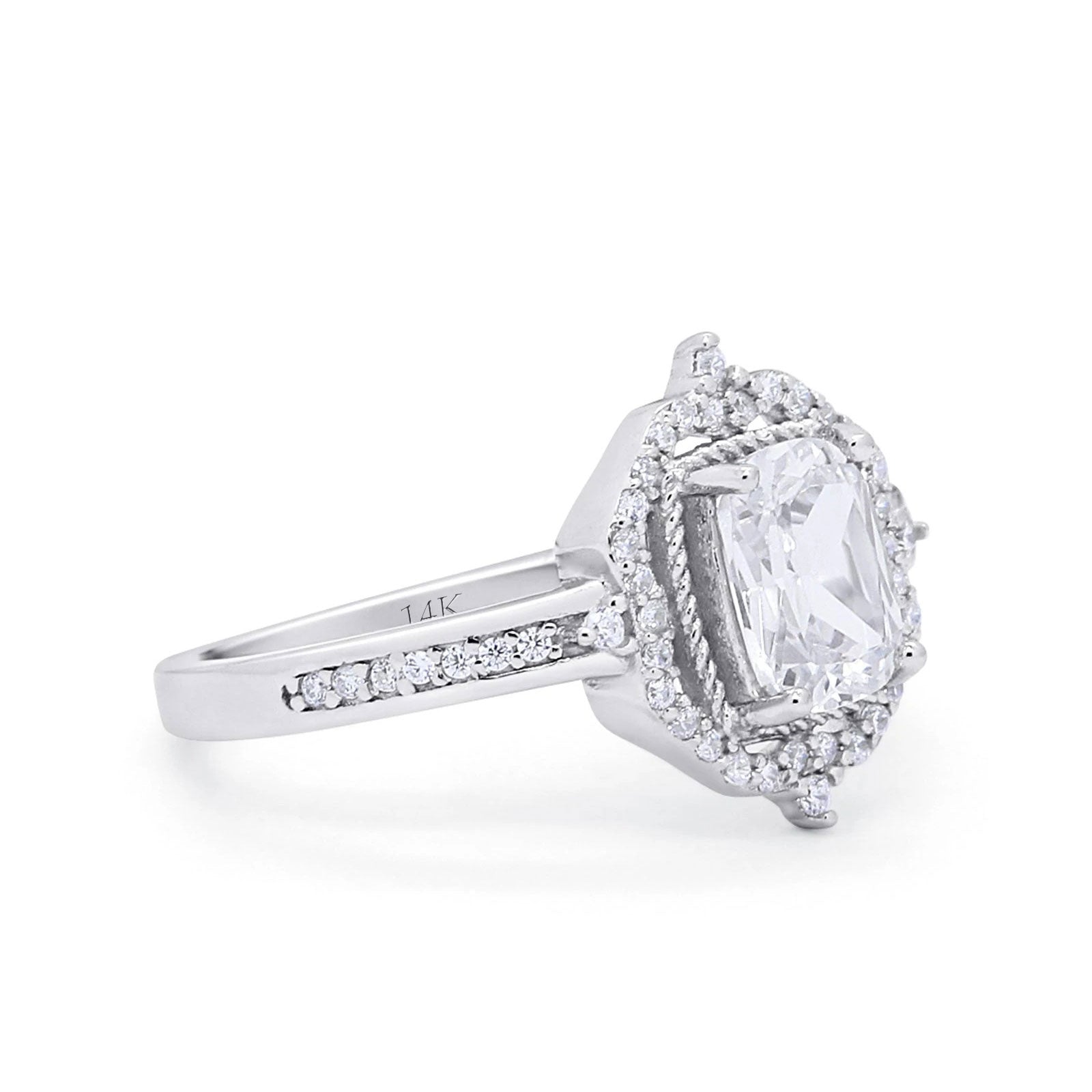 14K Gold Halo Emerald Cut Shape Bridal Simulated Cubic Zirconia Wedding Engagement Ring