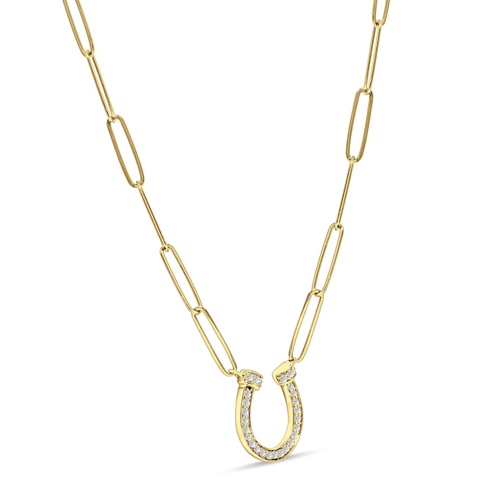 Diamond Horseshoe Necklace Paper Clips Chain 14K Gold 0.13ct