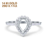 14 K Gold, 0,17 ct, tropfenförmiger Birnen-Halo, 8 mm x 6 mm, G SI, halbgefasster Diamant-Verlobungs-Ehering