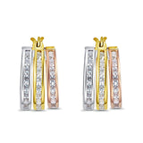 14K Tri Color Gold Round CZ Hoop Huggie Earrings - Best Birthday Gift for Her