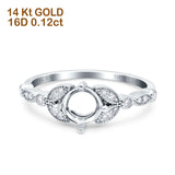 14K Gold 0.12ct Round Art Deco 6mm G SI Semi Mount Diamond Engagement Wedding Ring