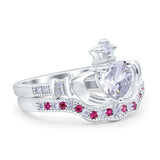 14K Gold Claddagh Accent Heart Wedding Bridal Set Piece Ruby Simulated Cubic Zirconia Wedding Ring