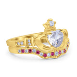 14K Gold Claddagh Accent Heart Wedding Bridal Set Piece Ruby Simulated Cubic Zirconia Wedding Ring