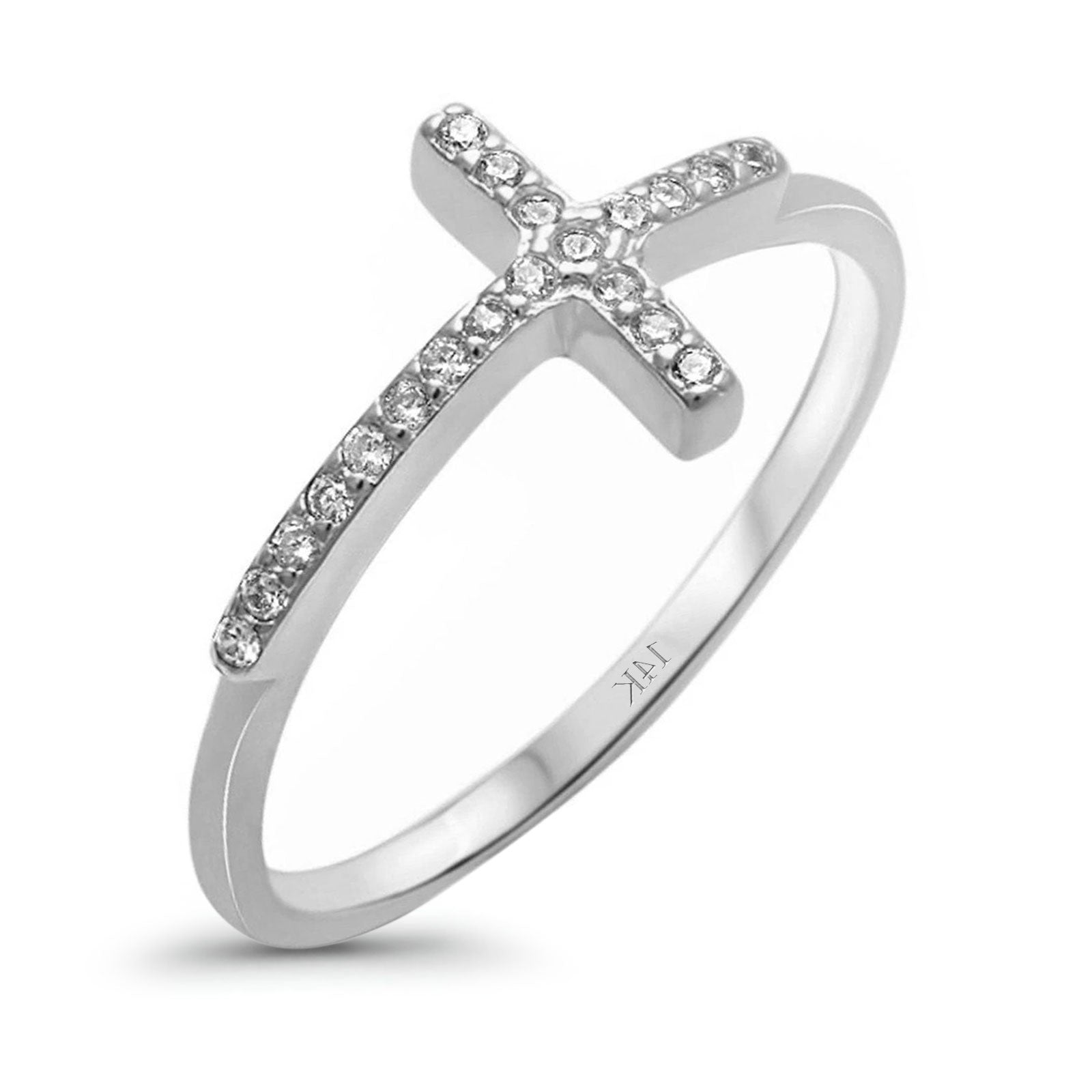 14K Gold Round Shape Sideways Eternity Simulated CZ Wedding Engagement Cross Ring