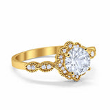 14K Gold Halo Floral Art Deco Round Shape Simulated Cubic Zirconia Engagement Ring