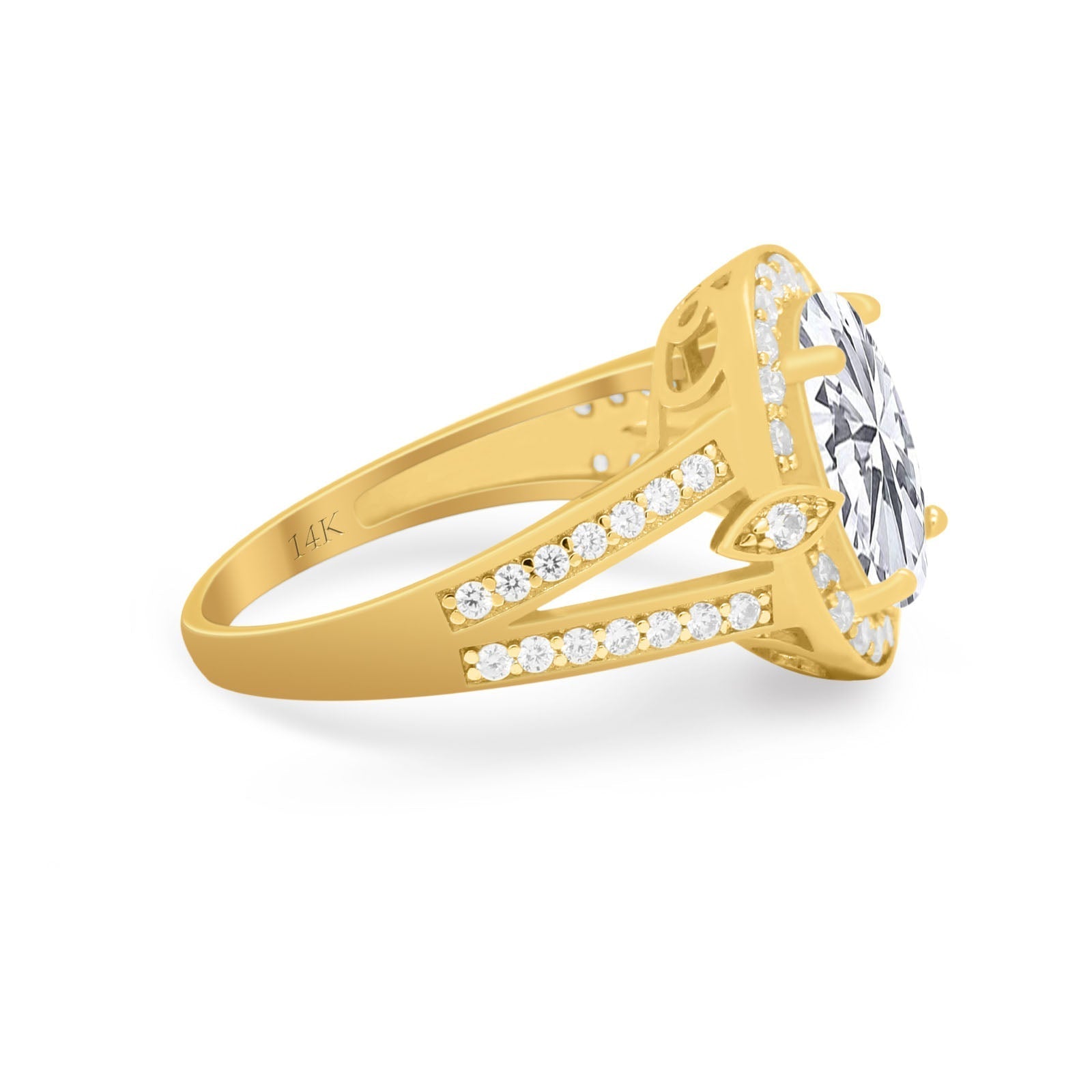 14K Gold Oval Shape Simulated Cubic Zirconia Art Deco Split Shank Bridal Wedding Engagement Ring