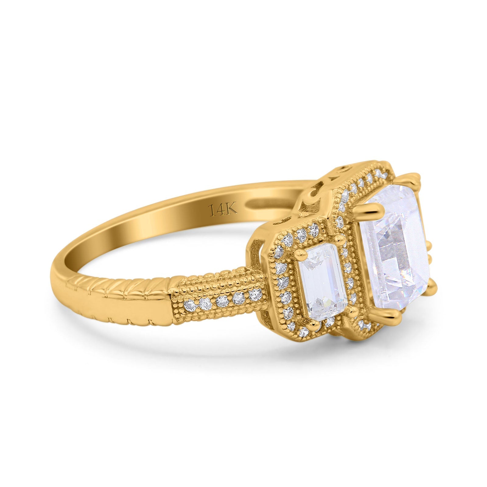 14K Gold Emerald Cut Shape Halo Simulated Cubic Zirconia Bridal Wedding Engagement Ring