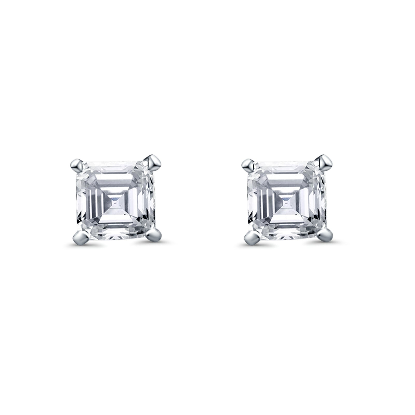 14K White Gold Princess Square CZ Solitaire Basket Set Stud Earrings with Screw Back - 5 Different Size Available, Best Birthday Gift for Her
