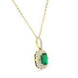 14K Gold 0.18ct Natural Emerald & Diamond Halo Solitaire Pendant Necklace 18" Long