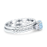 Zweiteiliger Braut-Verlobungsring aus drei Steinen mit runden Perlen und natürlichem Aquamarin