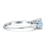 Three Stone Round Natural Aquamarine Two Kite CZ Trio Ring 925 Sterling Silver