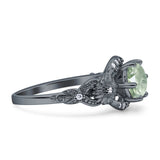 Two Sunflower Design Round Natural Green Amethyst Prasiolite Ring 925 Sterling Silver